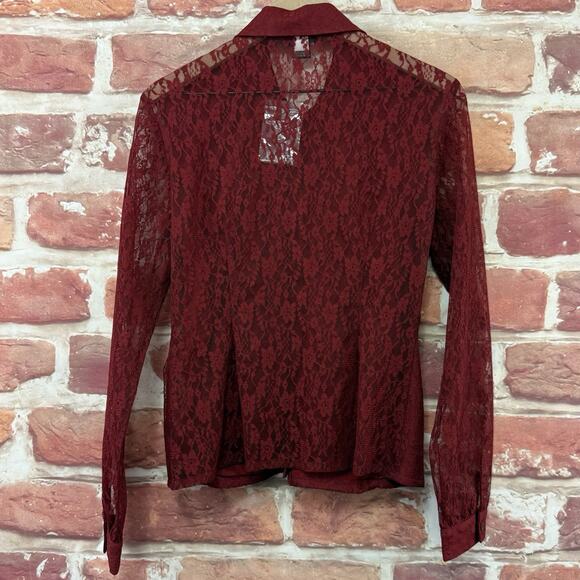 VTG Moda International Top Womens M Red Floral Lace Romantic Chic Sheer Shirt - Picture 4 of 8